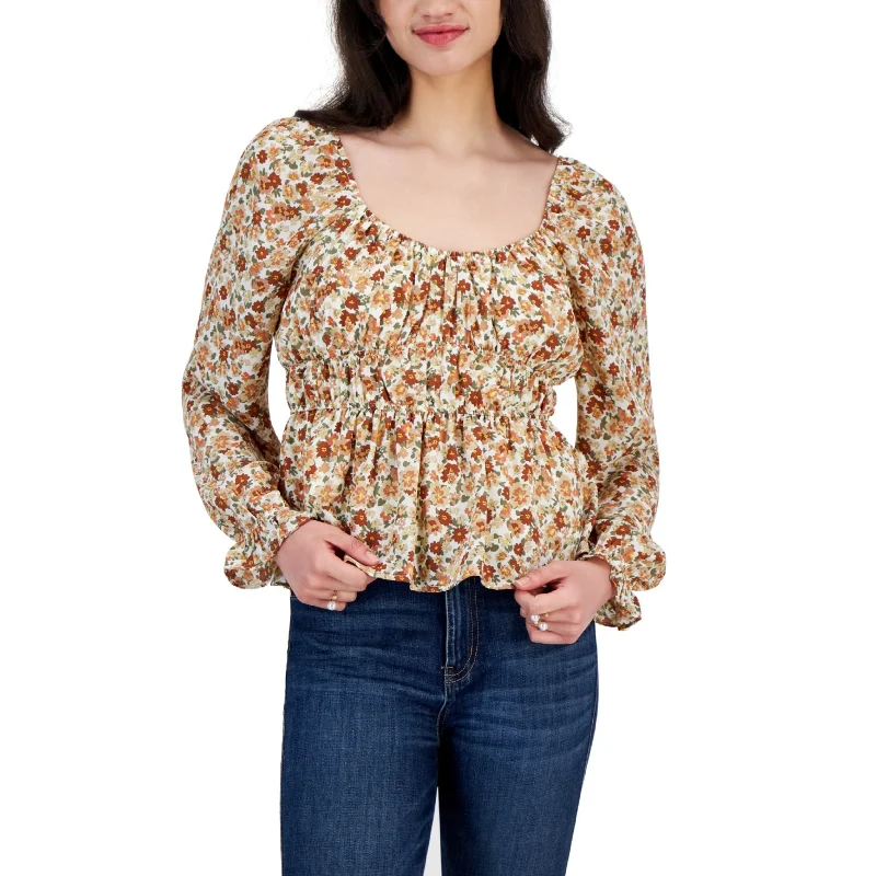 PLANET HEART - Puffed-Sleeve Flower blouse Wrap Front Blouse