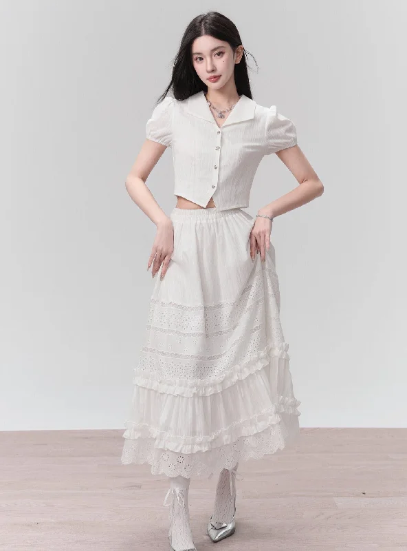 Ethereal Elegance Two-Piece Set: Puff Sleeve Crop Blouse & Tiered Lace Midi Skirt - Pure White Lightweight Floral Blouse