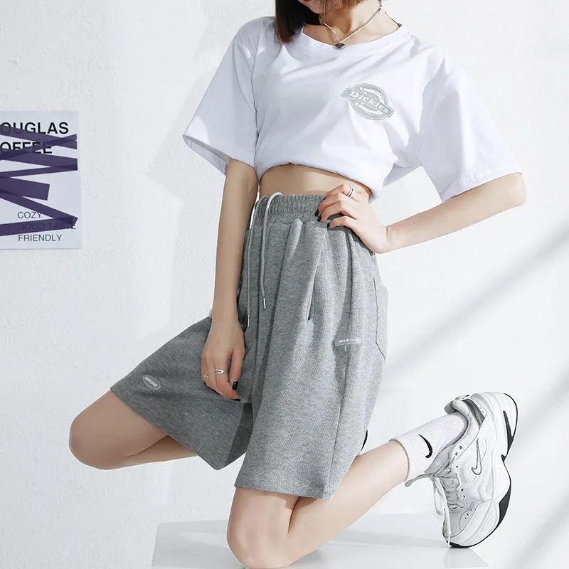 Sports shorts female summer loose casual high waist wide-leg gray five pants sweat tide pants Casual Drawstring Pants