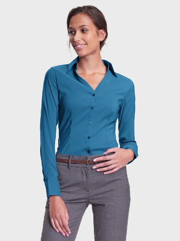 Ladies' Perfect Blouse Long Sleeve - Aquamarine Stretchy Fitted Blouse