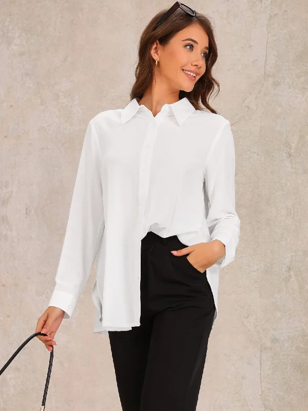 Button Down Collared Side Slit Long Sleeve Blouse Wrap Front Blouse