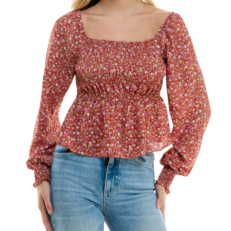 ULTRA FLIRT - Floral Ruffled Off the Shoulder Blouse Feminine Puff Blouse