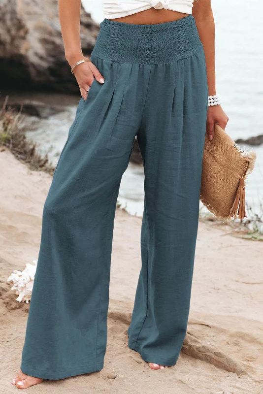 Sky Blue Smocked Wide Waistband High Waist Wide Leg Pants Stylish Harem Pants