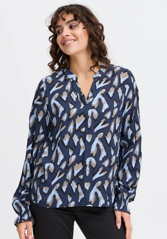 Fransa Flowy Animal Print V Neck Blouse, Navy Frilled Cuff Blouse