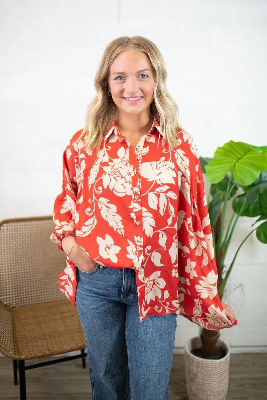 Rust Bubble Sleeve Printed Blouse Boho Chic Blouse