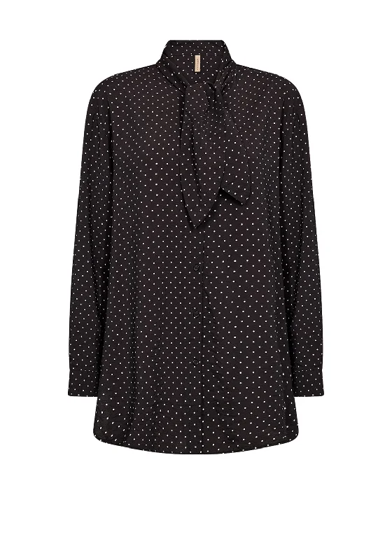 Soyaconcept Orit Polka Dot Tie Neck Blouse, Black Textured Cotton Blouse