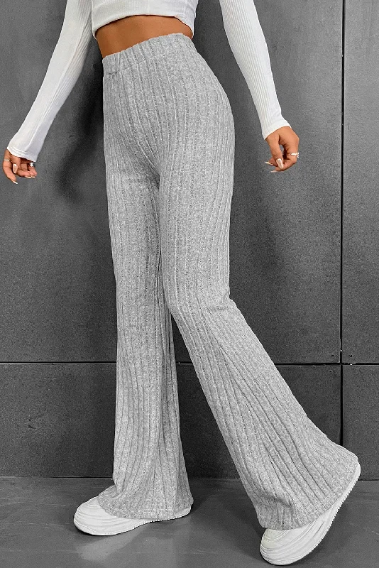 Gray Solid Color High Waist Ribbed Flare Pants Warm Wool Trousers