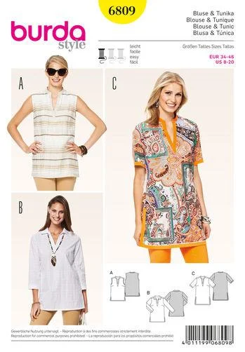 Burda Pattern 6809-Tops, Shirts & Blouses Elegant Semi-Sheer Blouse