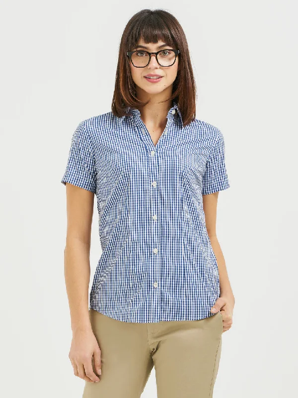 Ladies' Gingham Blouse - Navy Loose Oversized Blouse