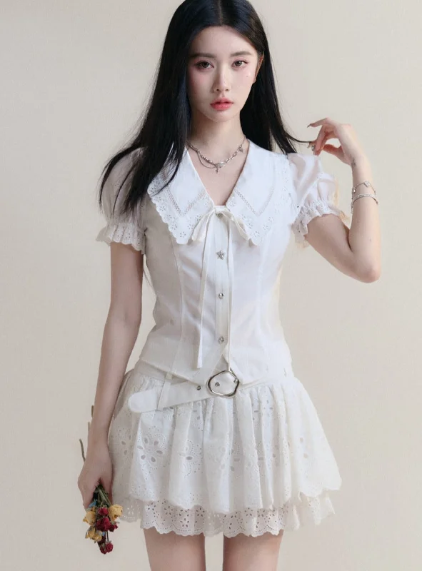 White Lace Collar Blouse and Eyelet Skirt Set Business Casual Blouse