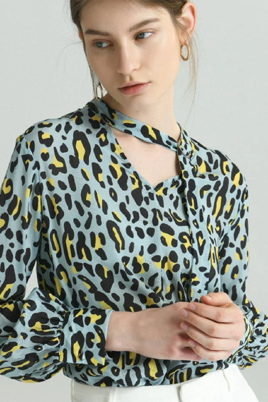 Fangyan | Blue Leopard Silk Blouse Mandarin Collar Blouse