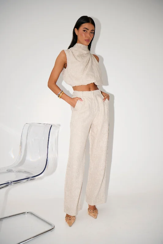 Kourtney Linen Pant Beige Trendy High-Waist Trousers