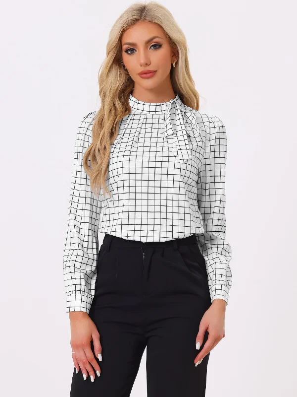 Bow Tie Neck Grid Checks Shirt Office Work Tops Blouse Soft Knit Blouse