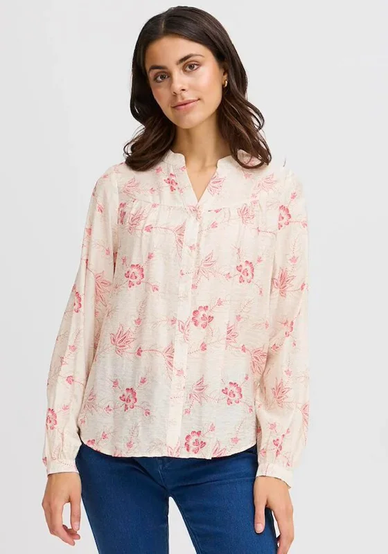 Fransa Lela Floral Print Blouse, Neutral Semi-Sheer Blouse