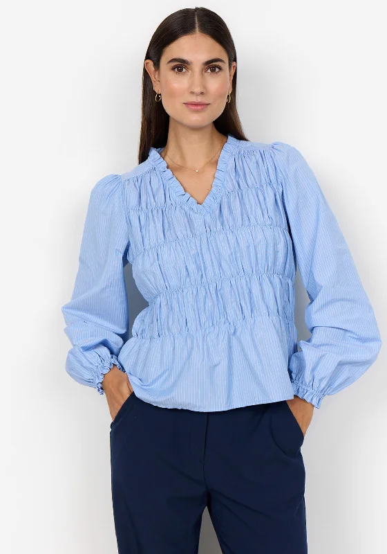 Soyaconcept Onari Pinstripe Elasticated Blouse, Blue Short Sleeve Blouse