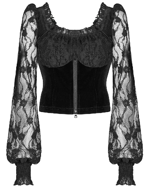 Punk Rave Daily Life Casual Gothic Flocked Velvet Rose Lace Blouse Top Dqf Ruched Sleeve Blouse