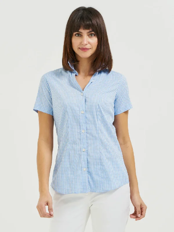 Ladies' Gingham Blouse - Light Blue Collared Satin Blouse