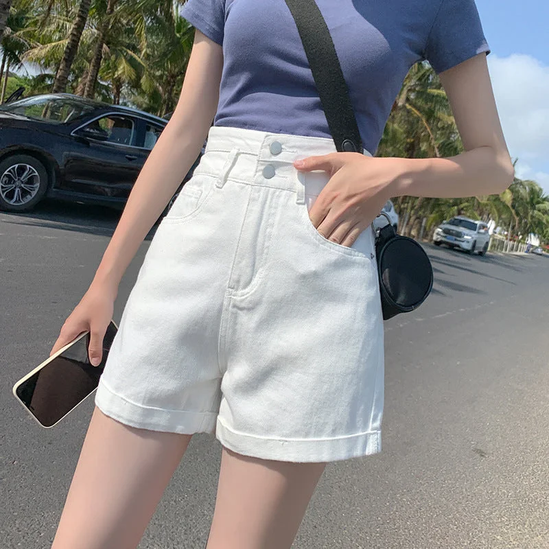 Denim shorts female summer ultra high waist loose double buckle thin flake explosion model white hot pants female Chic Wool Trousers