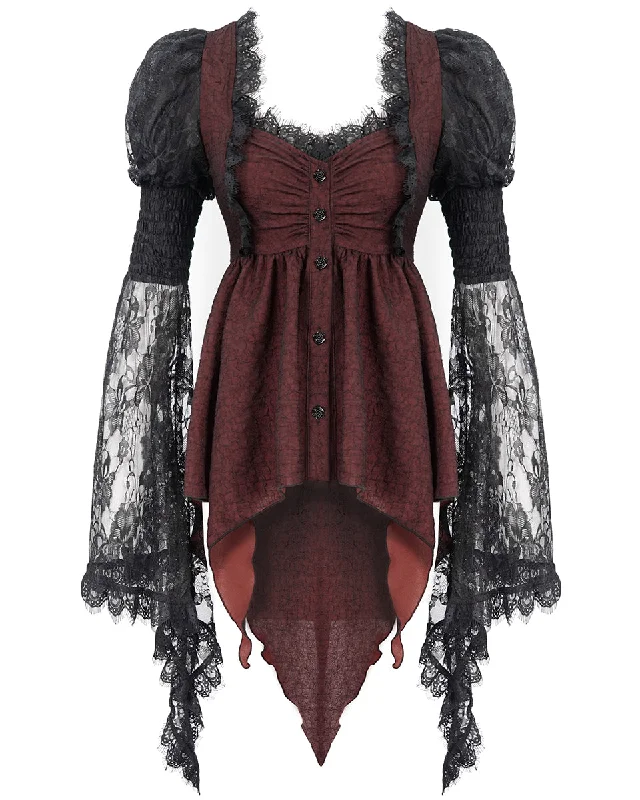 Devil Fashion Crimsonique Womens Gothic Chiffon Blouse Top - Red & Black Gathered Detail Blouse