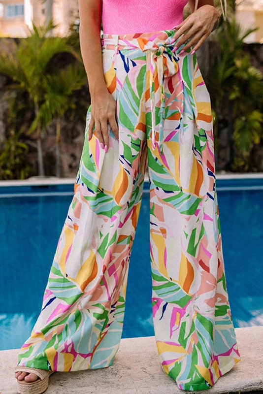 Multicolor Tropical Leafy Print Belted Wide Leg Pants Trendy Printed Leggings