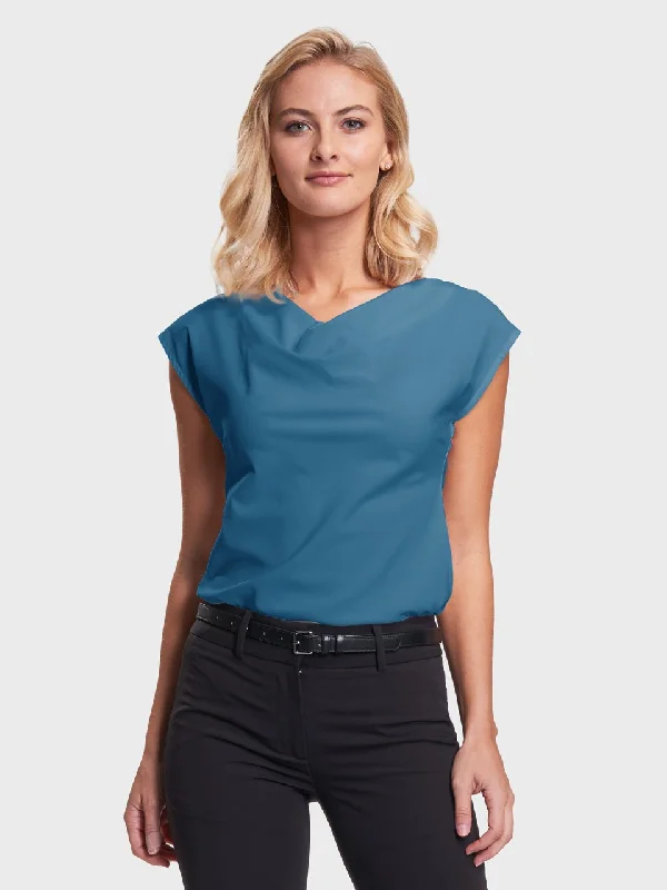 Ladies' Cowl Neck Blouse - Aquamarine Mandarin Collar Blouse