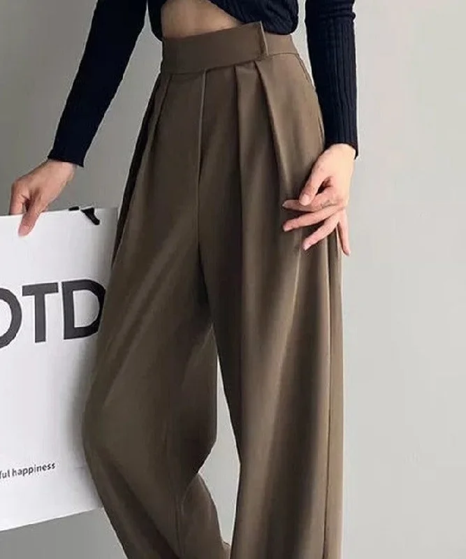 Brown Wide Leg Women Classic Suit Pants Vintage Palazzo Office Classic Bootcut Trousers