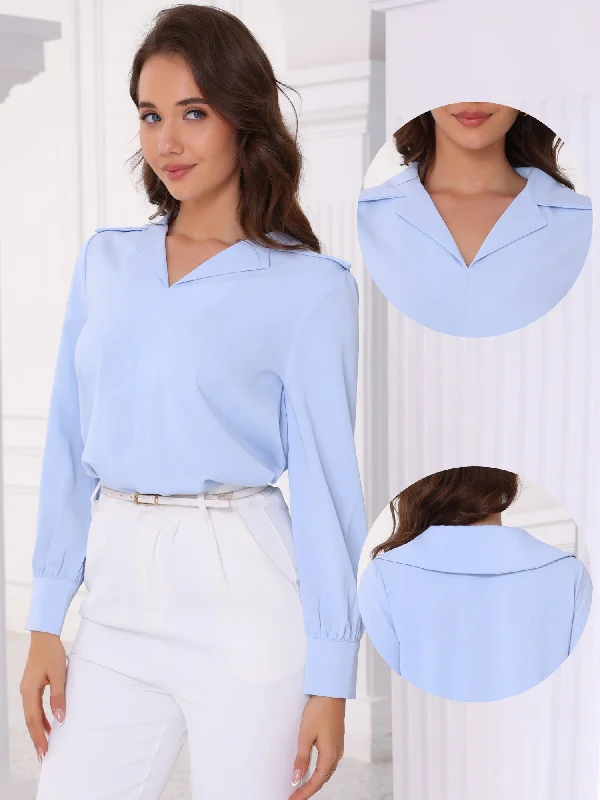 Collared Solid Long Sleeve Work Office Blouse Silky Tunic Blouse