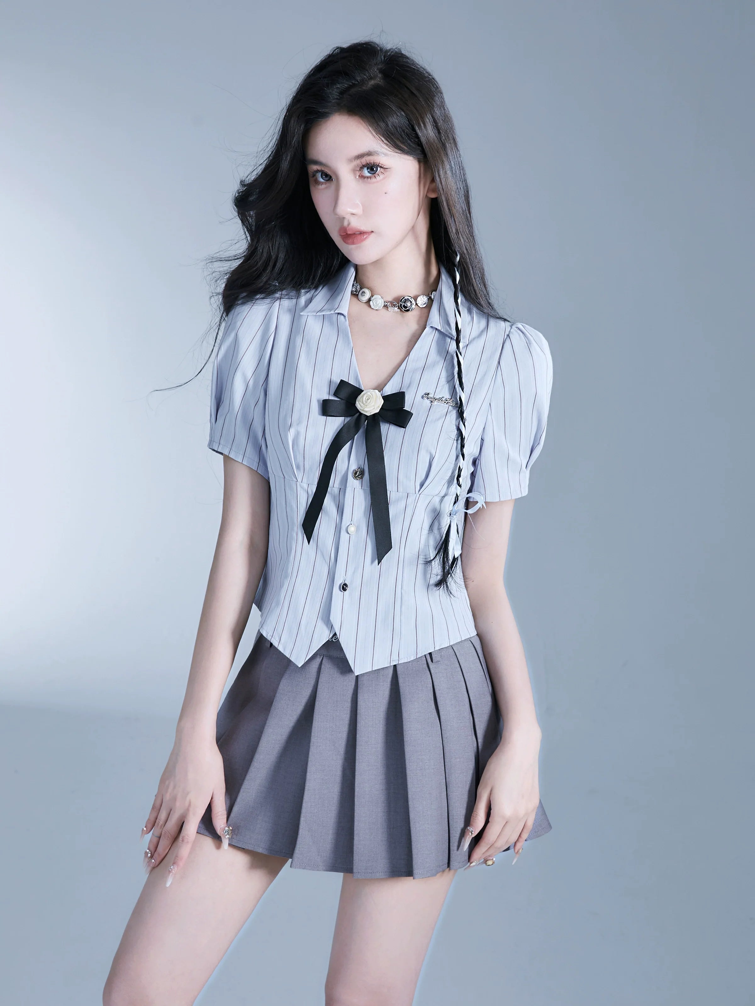 Fragile Heart Preppy Duo: Gray Pleated Mini Skirt and Bow-Tie Cropped Blouse Set Smart Business Blouse