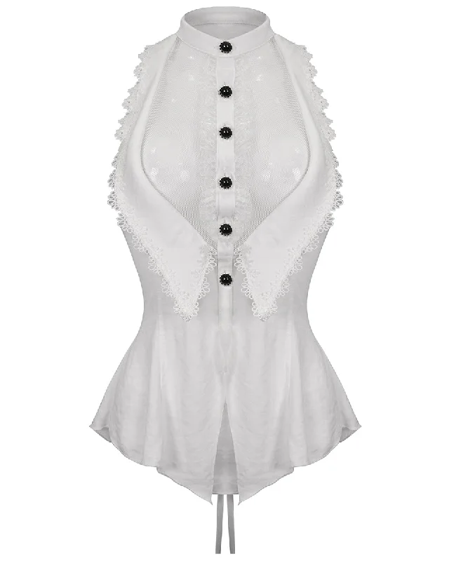 Devil Fashion Womens Romantic Goth Lolita Sleeveless Halter Blouse - White Elegant Embroidery Blouse