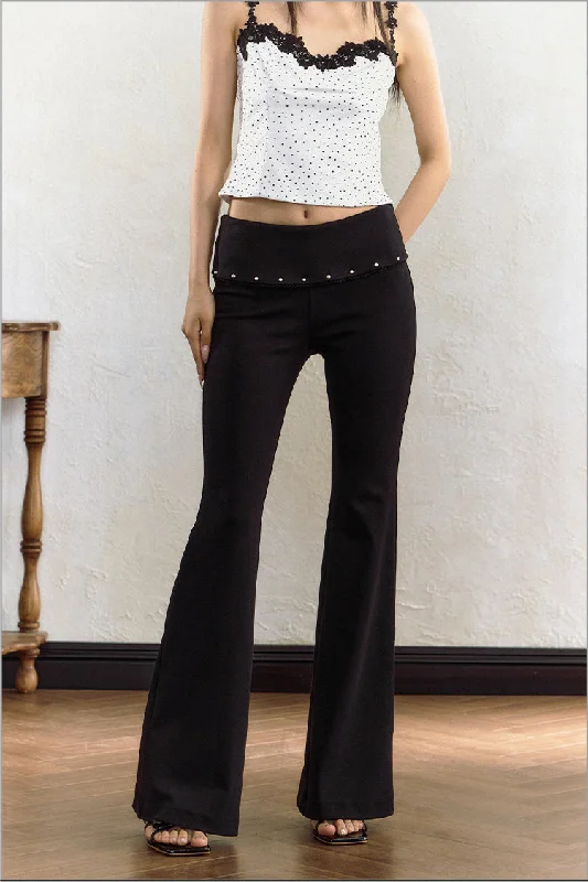 Turned-waist Studded Design Slim Low-waisted Flared Pants AGM0055 Casual Lounge Pants