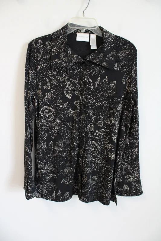 Liz Claiborne Black Tan Floral Dotted Button Down Blouse | L Loose Fit Blouse