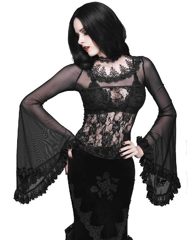 Eva Lady Gothic Rose Lace & Flocked Mesh Flare Sleeve Blouse Top Classic Minimalist Blouse