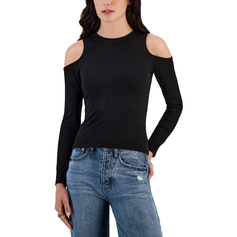 JUST POLLY - Crewneck Cold-Shoulder Ribbed blouse Embellished Collar Blouse