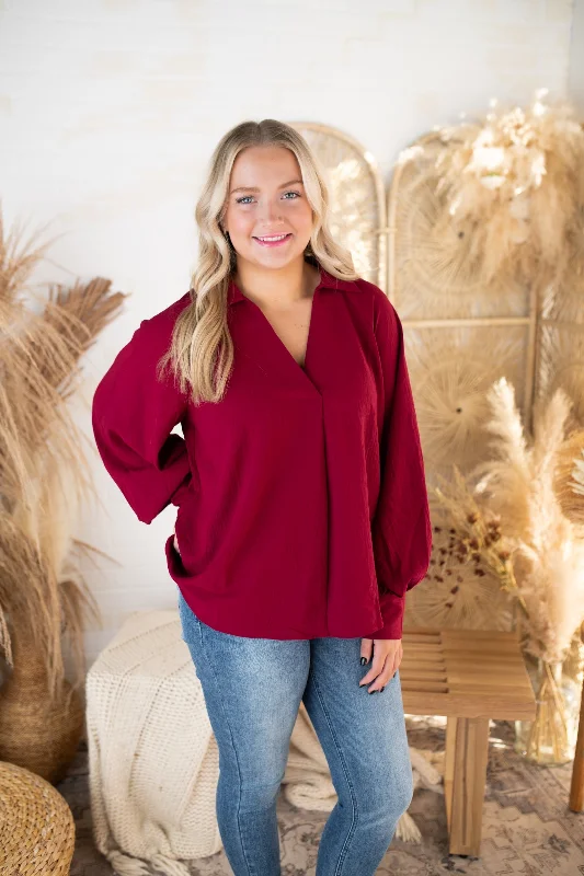 Burgundy Solid Collar Long Sleeve V-Neckline Blouse Frilled Cuff Blouse