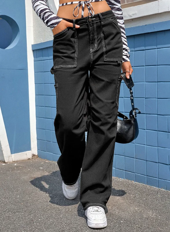 Black High Waist Straight Leg Cargo Pants with Pockets Fashionable Button-Up Pants