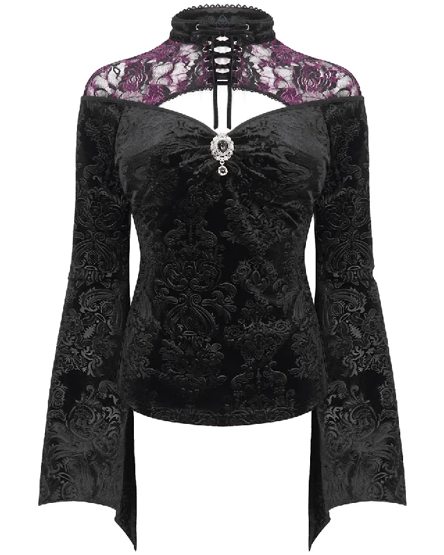 Eva Lady Womens Baroque Velvet Damask & Lace Blouse Top - Black & Purple Ruffled Neck Blouse