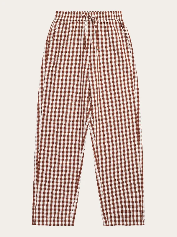 CHLOE barrel high-rise seersucker checkered elastic waistband pants - GOTS/Vegan - Brown check Elegant Wool Trousers