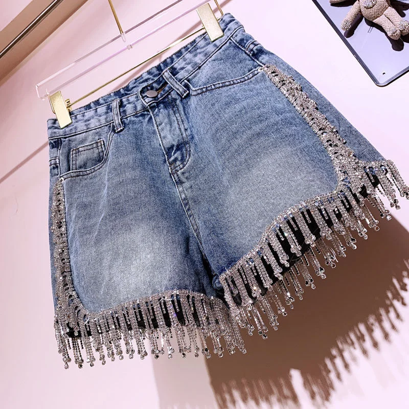 Rhinestone tassel high waist denim shorts super flash high-end diamond-studded heavy industry all-match thin pants net red hot style Soft Cotton Pants