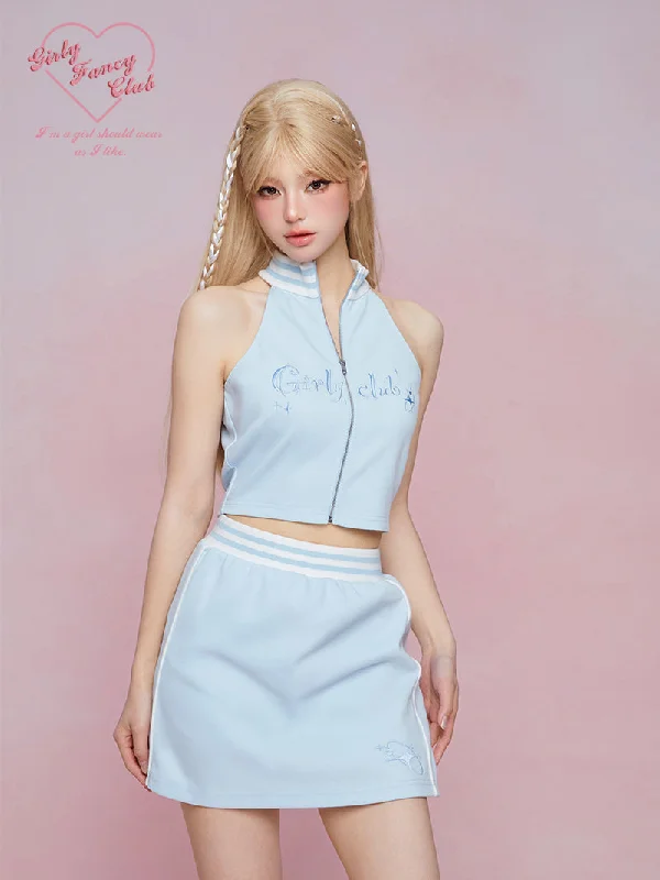 Halter Neck Sporty Sleeveless Top & Wide Pants & Miniskirt GIF0038 Trendy Wide-Legged Trousers