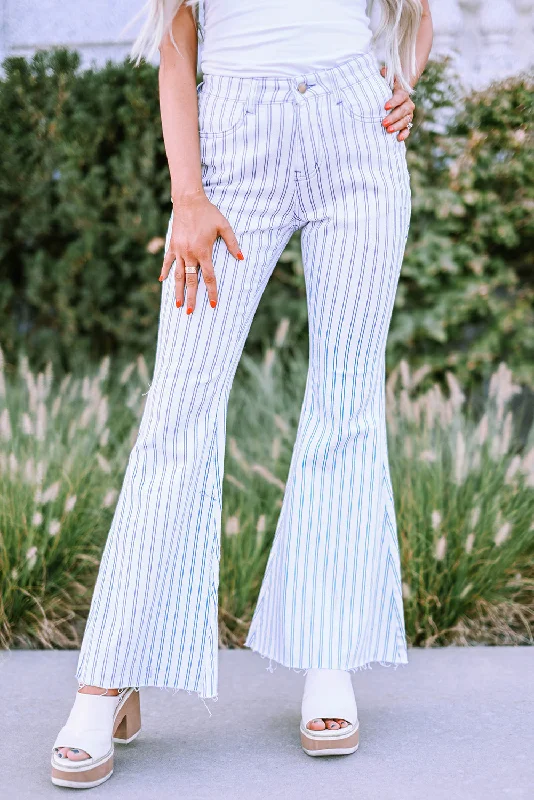 White High Waist Striped Print Flared Pants Trendy Wide-Legged Trousers