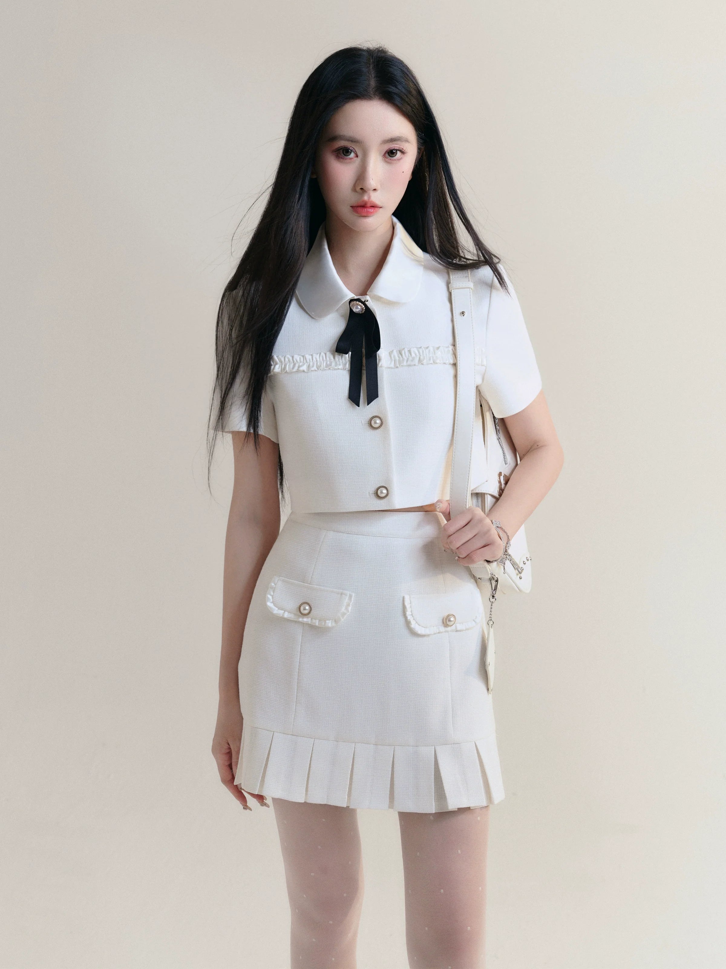 Ivory Elegance Bow-Tie Crop Blouse and Pleated Mini Skirt Set Embroidered Cotton Blouse