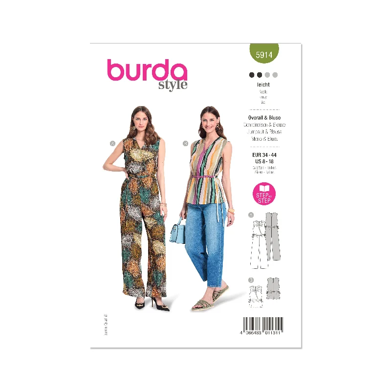 Burda Pattern 5914 Misses' Overalls & Blouse Pleated Collar Blouse