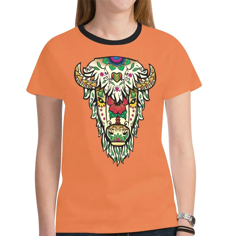 Buffalo Spirit Guide (Orange) T-shirt for Women Solid Print Embellished