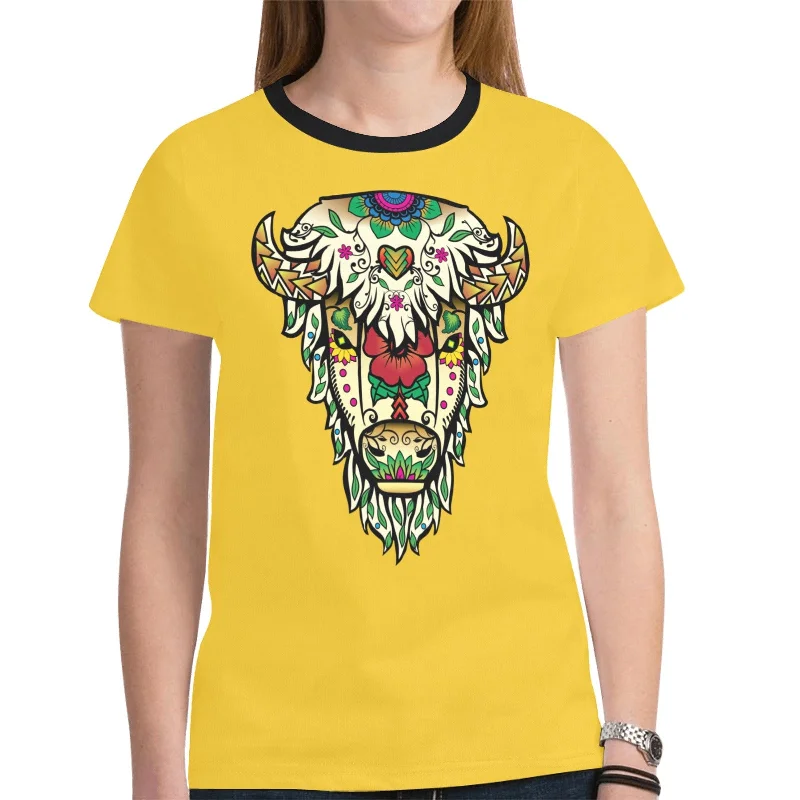 Buffalo Spirit Guide (Yellow) T-shirt for Women Mesh Blend Leather Blend Suede Blend