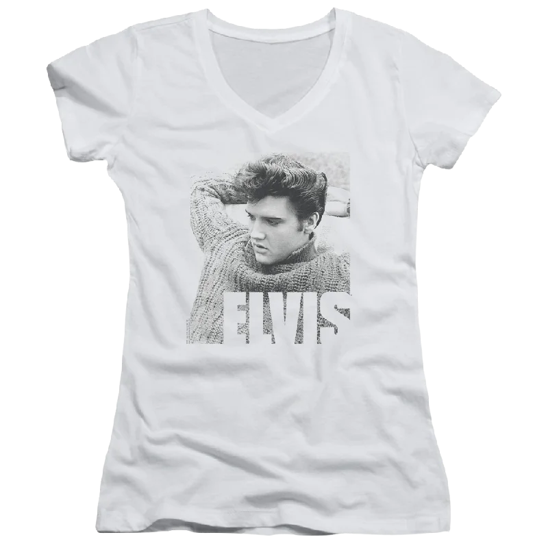 Elvis Presley Relaxing - Juniors V-Neck T-Shirt Spandex Blend Rayon Blend Denim Blend