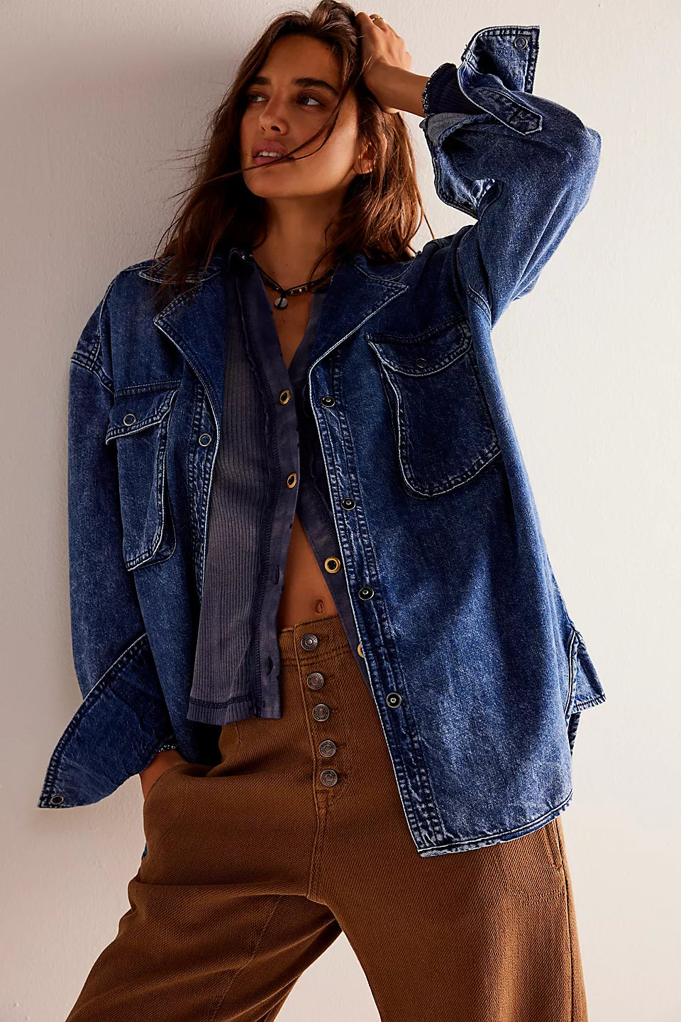 Free People We The Free Izzie Cargo Denim Shirt- Vintage Indigo Wash Spandex Blend Rayon Blend Denim Blend