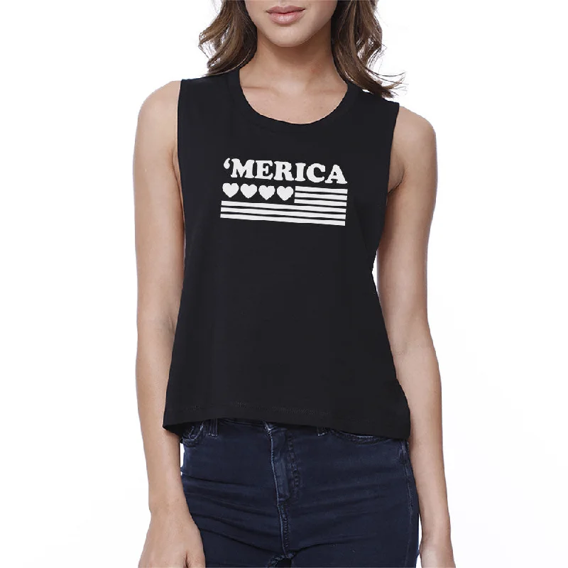 Heart 'Merica Flag Womens Black Cotton 4th of July Crop Shirt Idea Graphic T-Shirt Round Neck Polyester