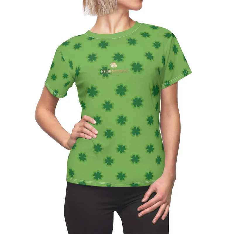 Light Green Clover Tee, Clover Print St. Patrick's Day Premium Women's Crewneck Tee- Made in USA Anti-Pilling Machine Wash Handmade