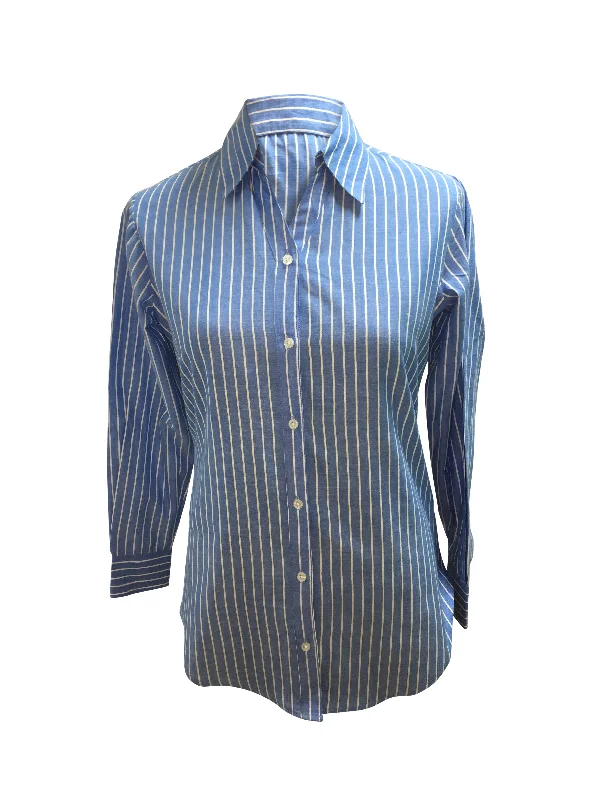 Ladies, Light Weight, Long sleeve, button back dark chambray blue/white stripe shirt. Style# 2030 Polka Dot Checkered Tartan