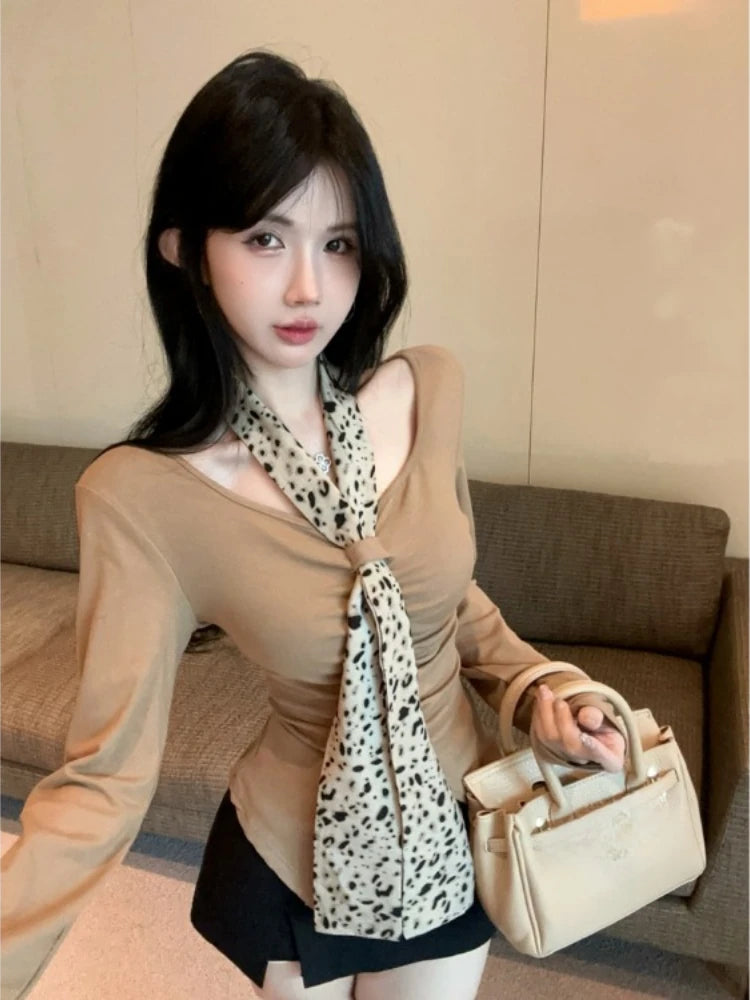 Lunivop Leopard Print Ribbon All-match Tops Mujer Ealy Autum New Bottoming T-shirt for Women Y2k Slim Fit Long Sleeve Tee Shirt Seamless Knitted Crochet